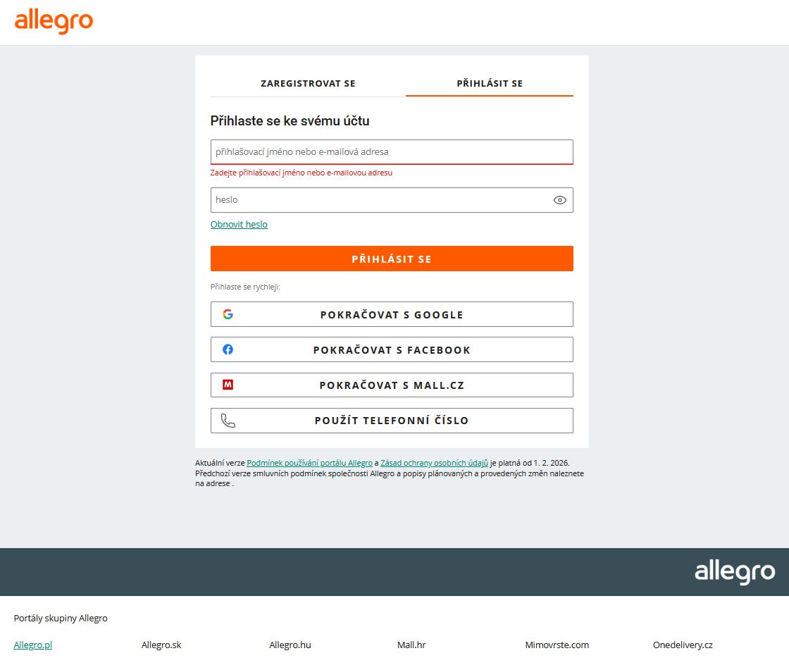 Allegro - přihlášení a registrace nového účtu