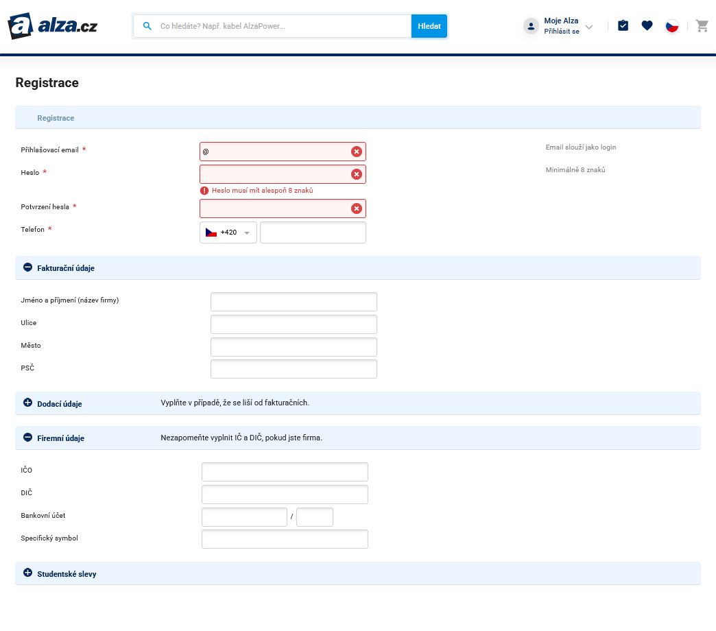Registrace na Alza.cz