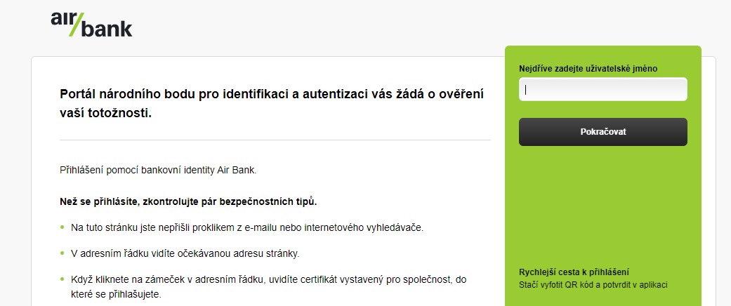 Přihlášení občana, Identita občana, přihlášení pomocí bankovní identity AirBank