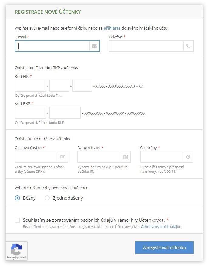 Registrace nové účtenkovky