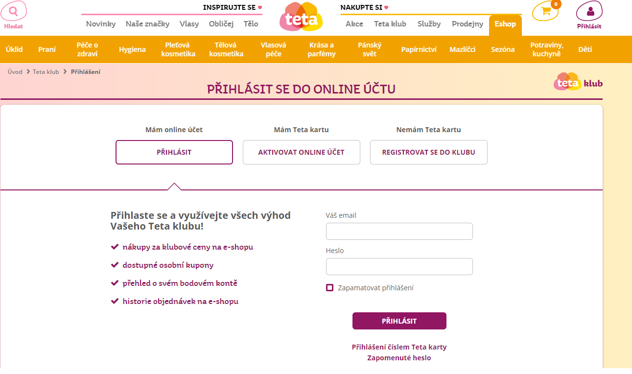 Přihlášení se do Teta klubu